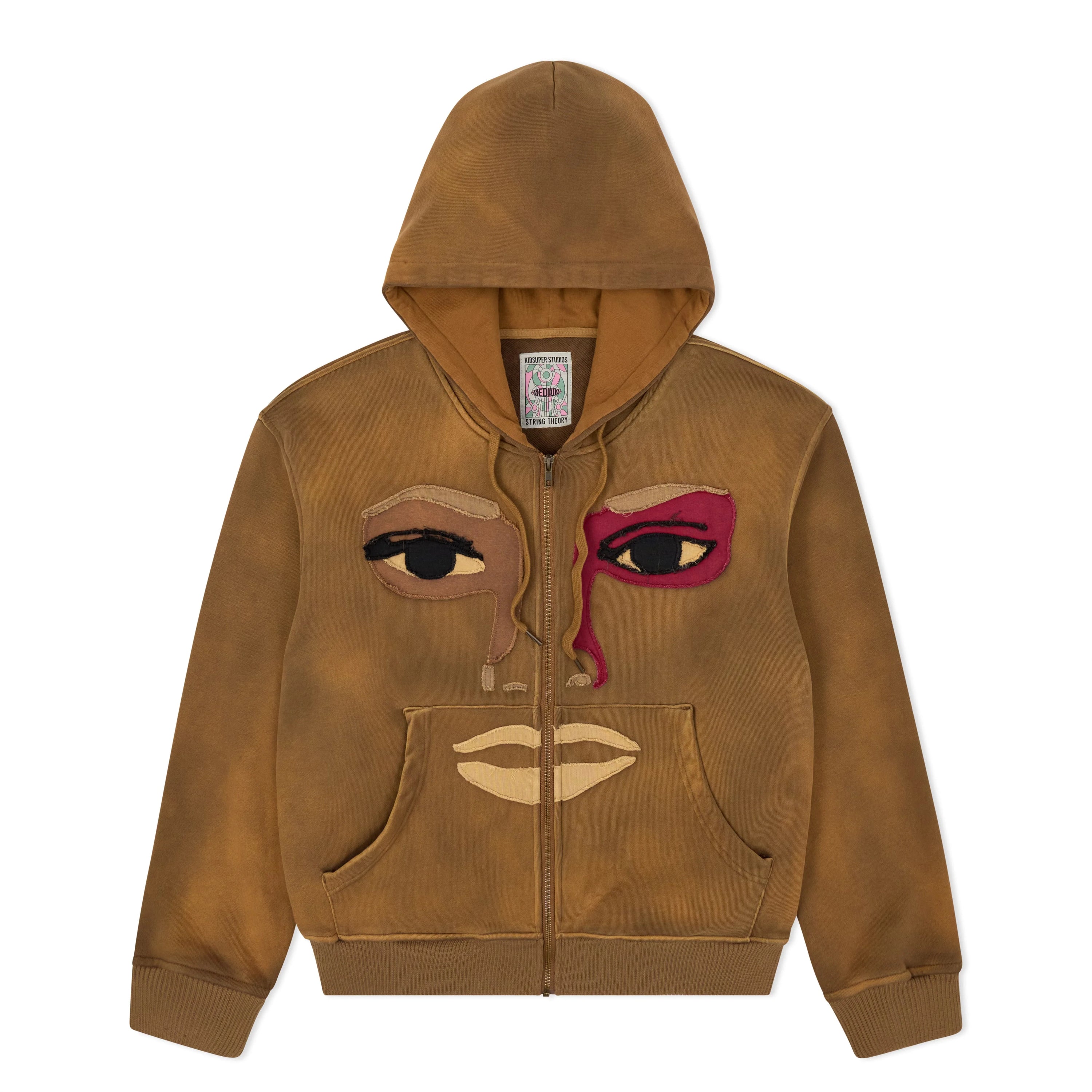 KID SUPER PATCHWORK FACE HEAVYWEIGHT ZIP UP HOODIE BROWN
