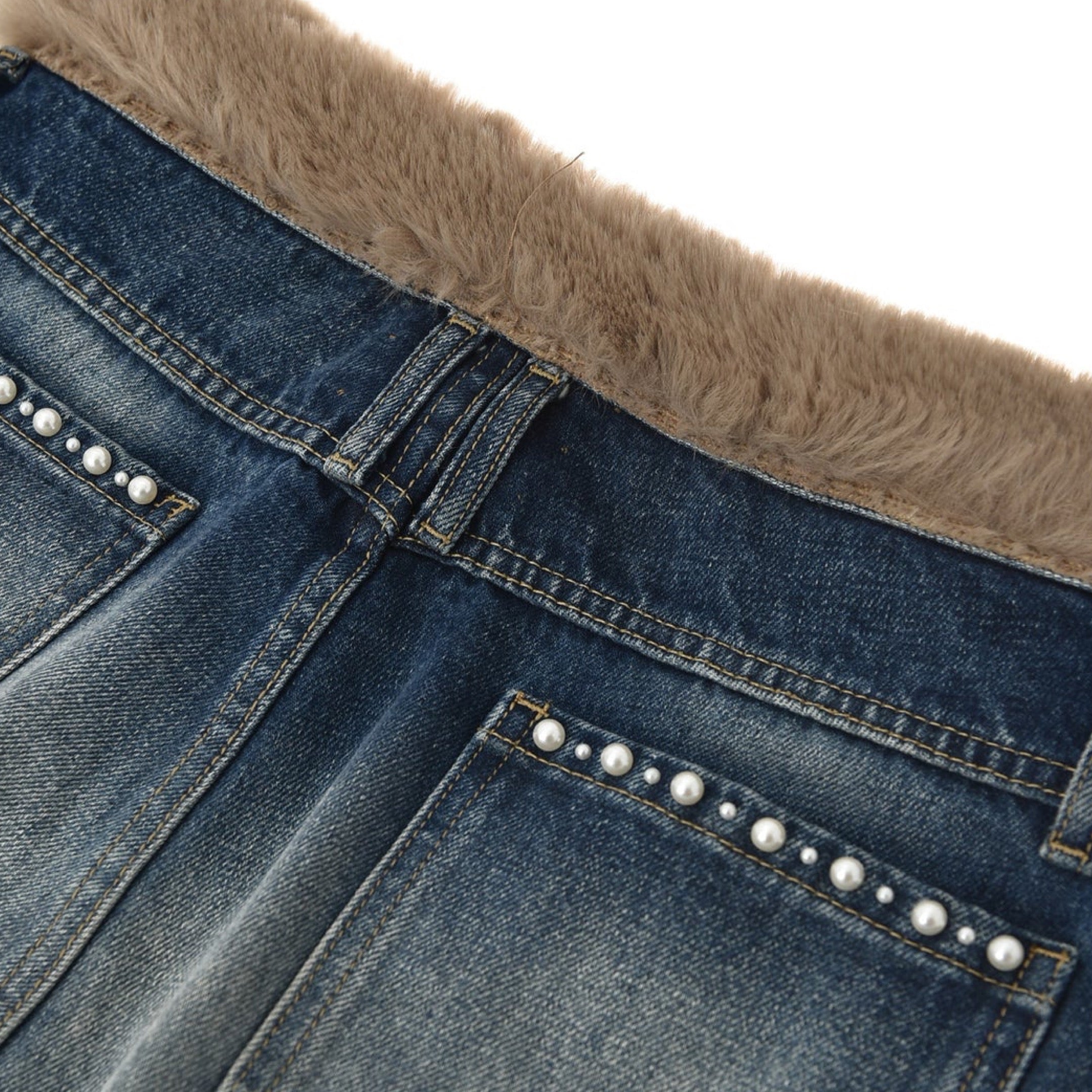 Birth Of Royal Child Pearl Fur Patchwork Jeans In BLU