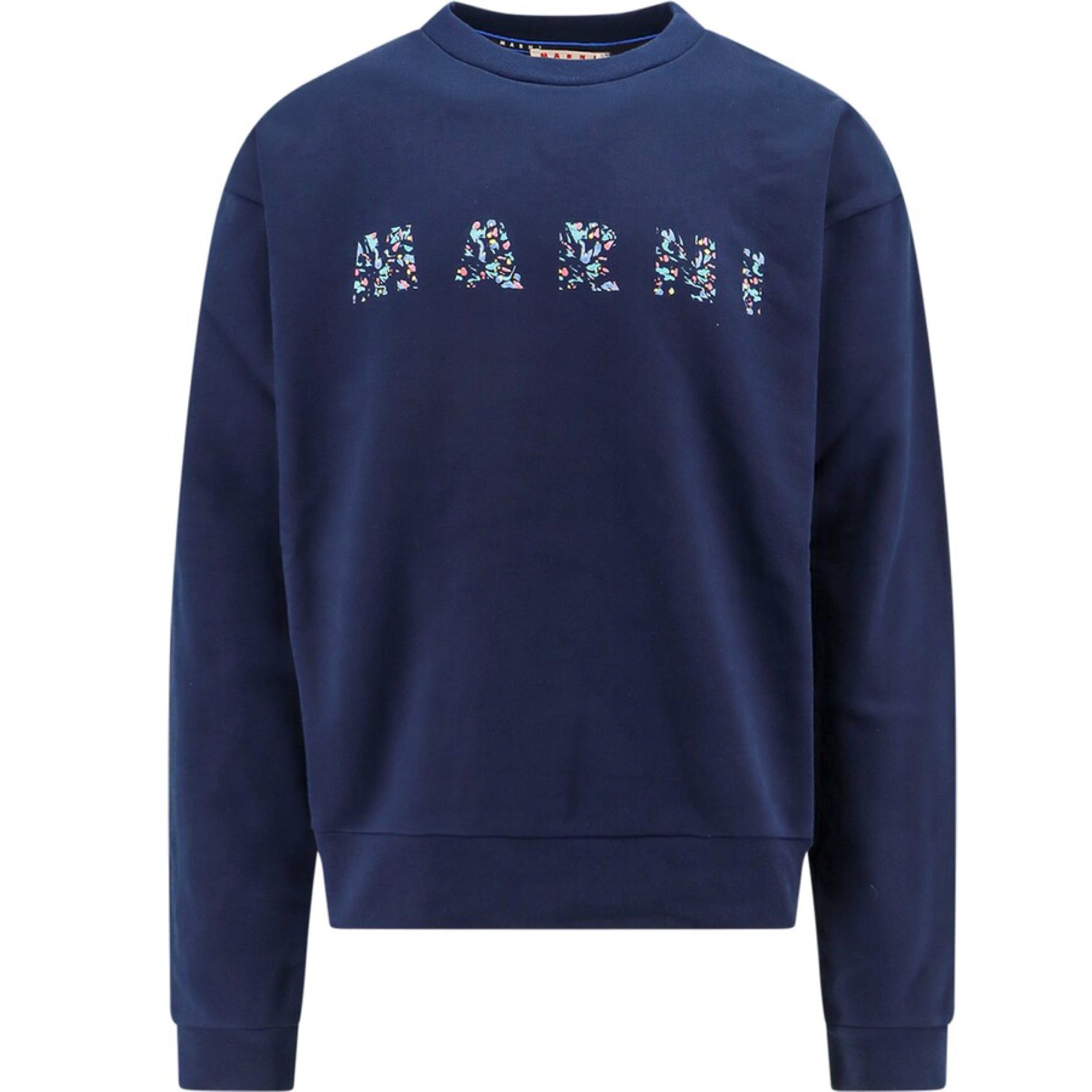 MARNI FLORAL LOGO LOOPBACK ORGANIC JERSEY BLUE KYANITE CREWNECK 