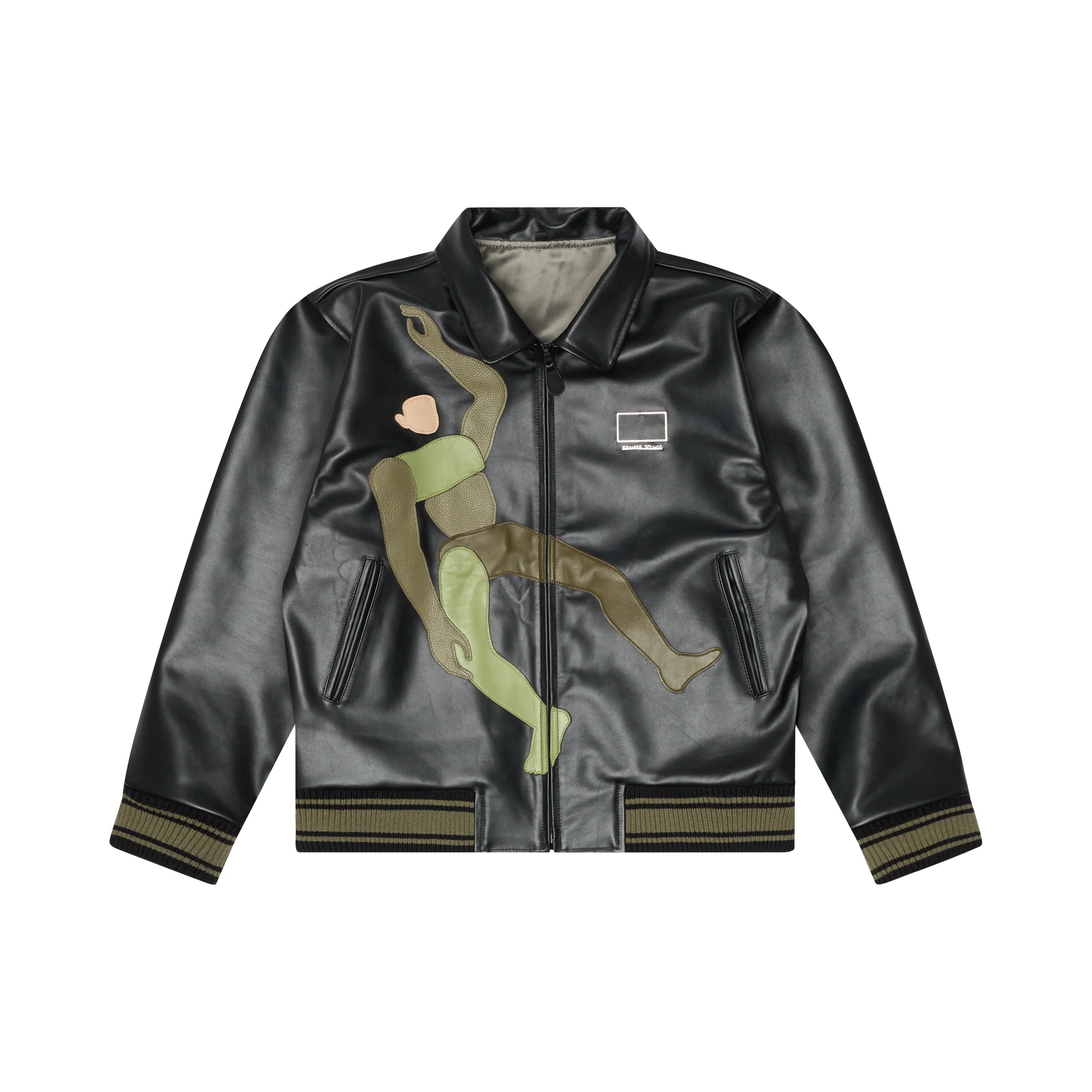 KID SUPER FALLING GUY SOFT LEATHER VARSITY JACKET