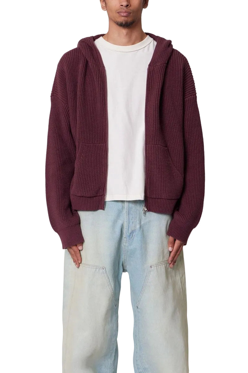 MNML KNIT ZIP UP HOODIE BURGANDY