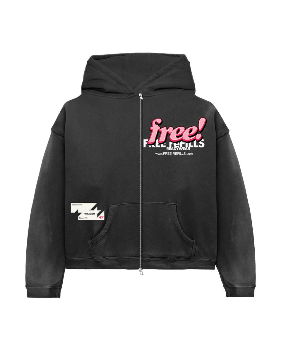 FREE REFILLS TABLOID ZIP UP HOODIE  BLACK