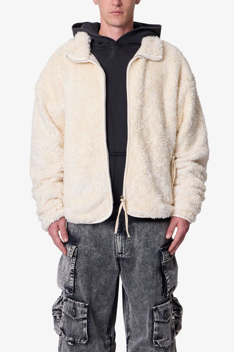 MNML Leather Trim Sherpa Zip Up Jacket - Off White