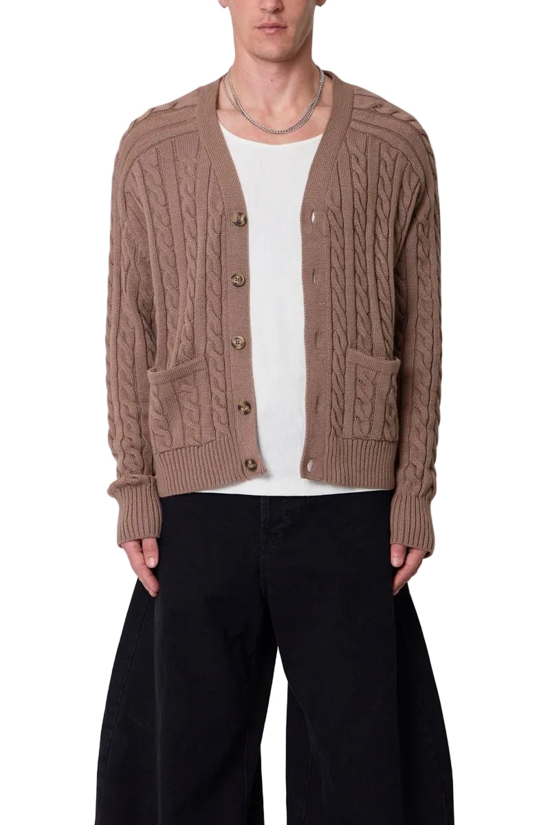 MNML CABLE KNIT CARDIGAN SWEATER TAN