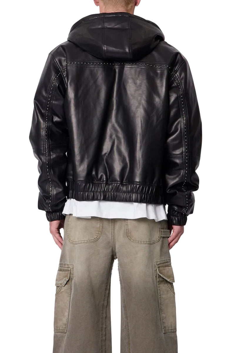 MNML LEATHER HOODED STUD JACKET BLACK