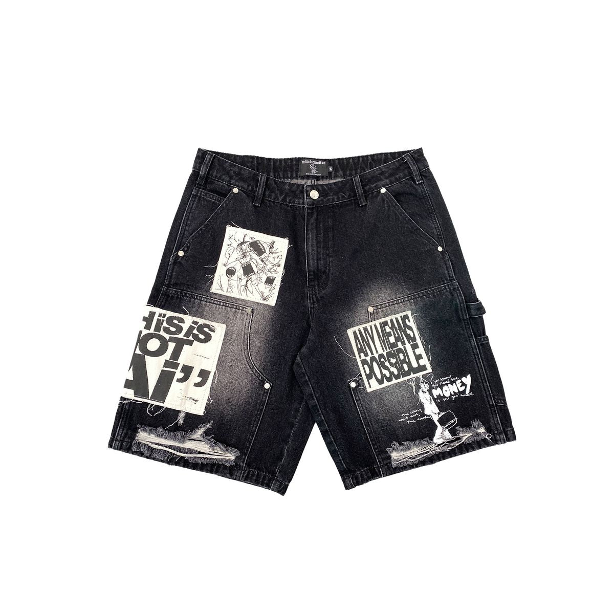 MIXED EMOTIONS BLACK AI DENIM SHORTS