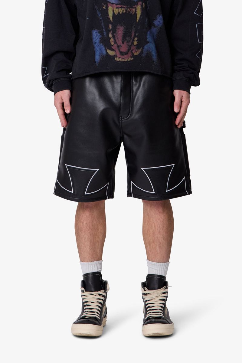 MNML Baggy Iron Cross Leather Shorts - Black