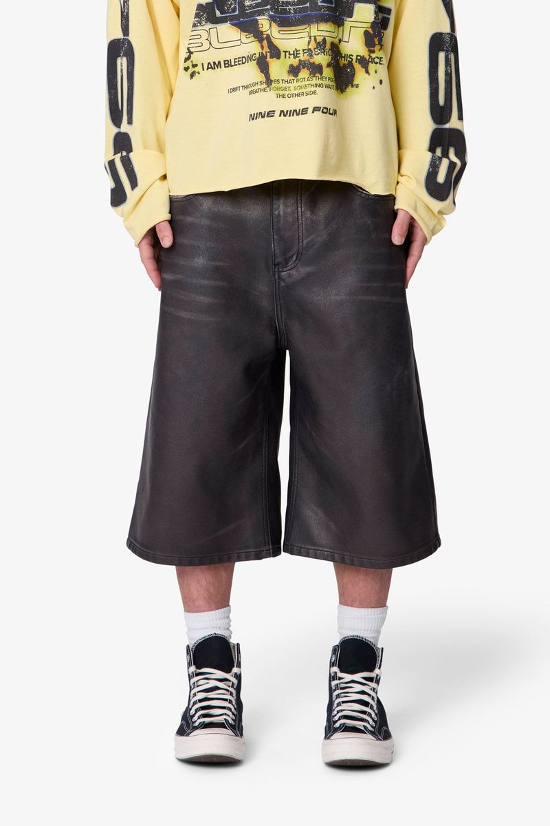MNML Ultra Baggy Washed Leather Shorts - Black