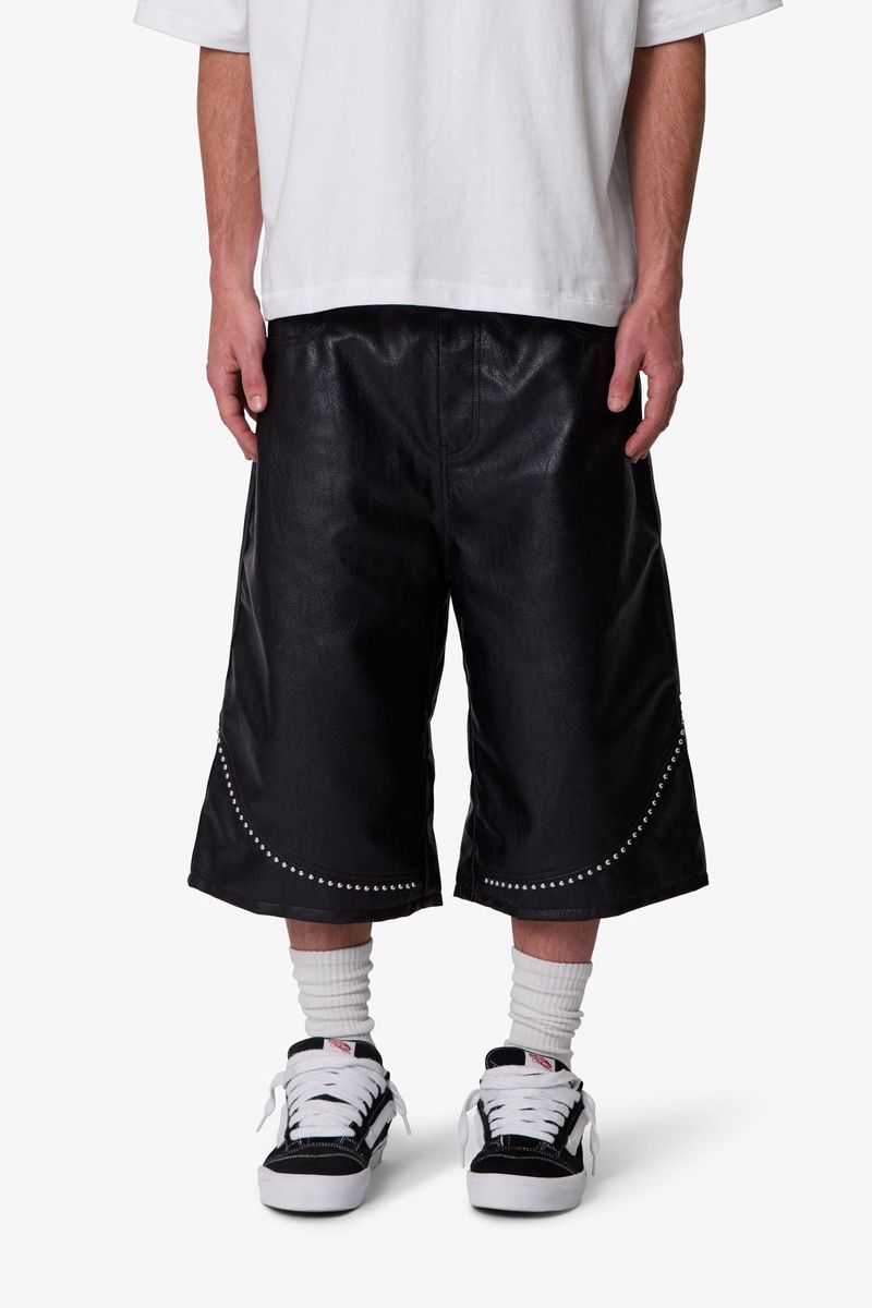 MNML Ultra Baggy Studded Leather Shorts - Black