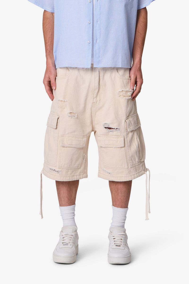 MNML Distressed Baggy Cargo Shorts Off White