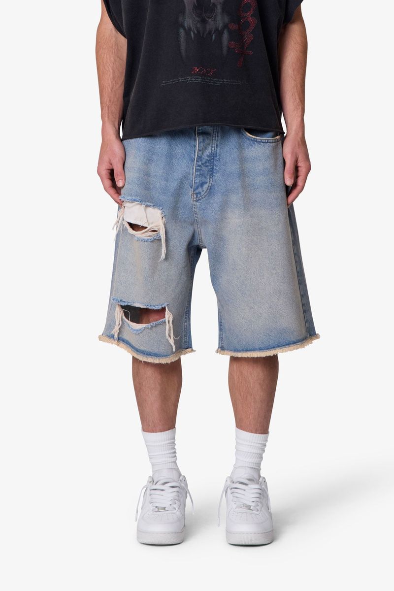 MNML Baggy Distressed Denim Shorts Light Blue