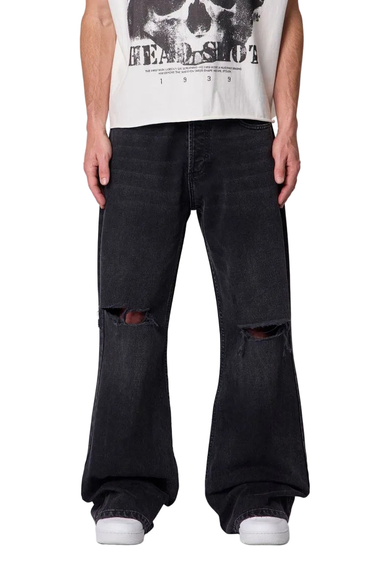 MNML Distressed Kick Flare Denim - Washed Black