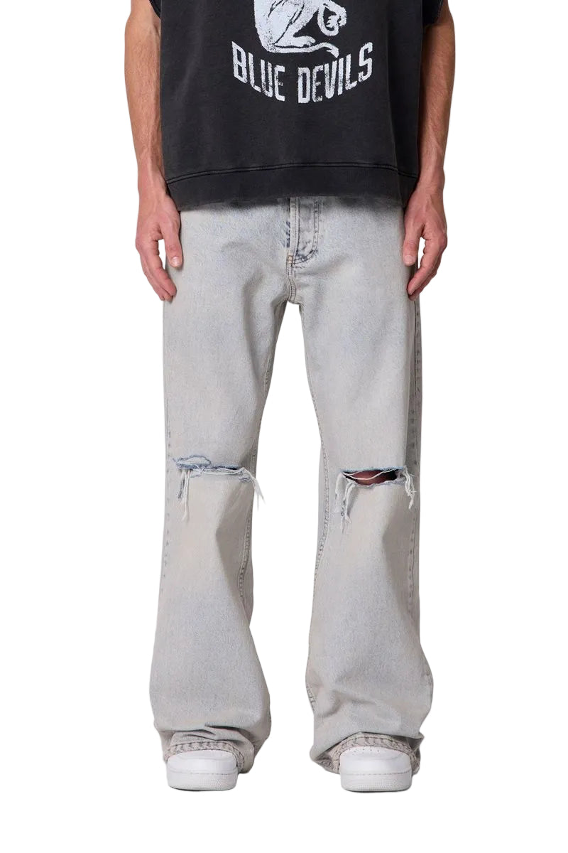 MNML Distressed Kick Flare Denim - Light Blue
