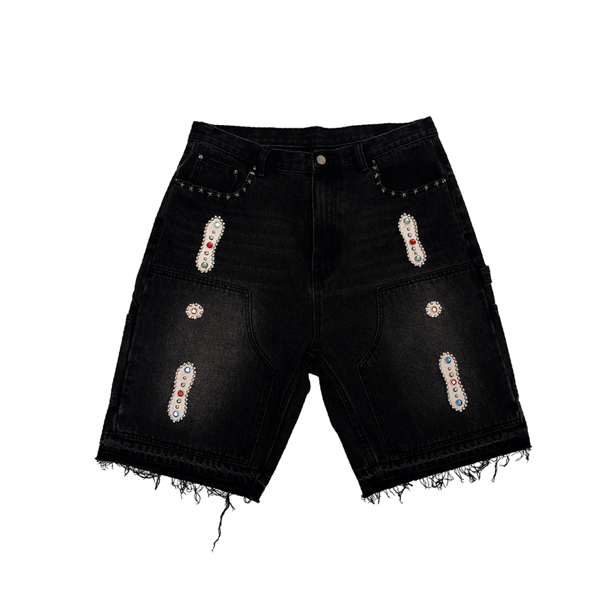 JP SORROWS 15 O.Z. EMBELLISHED DOUBLE KNEE DENIM SHORTS BLACK