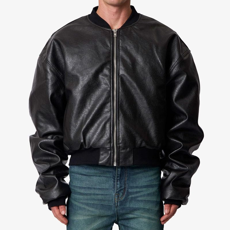 MNML Leather Oversized Bomber Jacket - Black