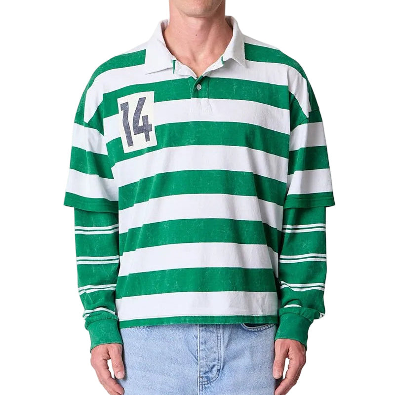 MNML Striped Layered L/S Polo Shirt - Green/White