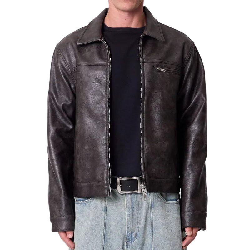 MNML Washed Leather Jacket - Black