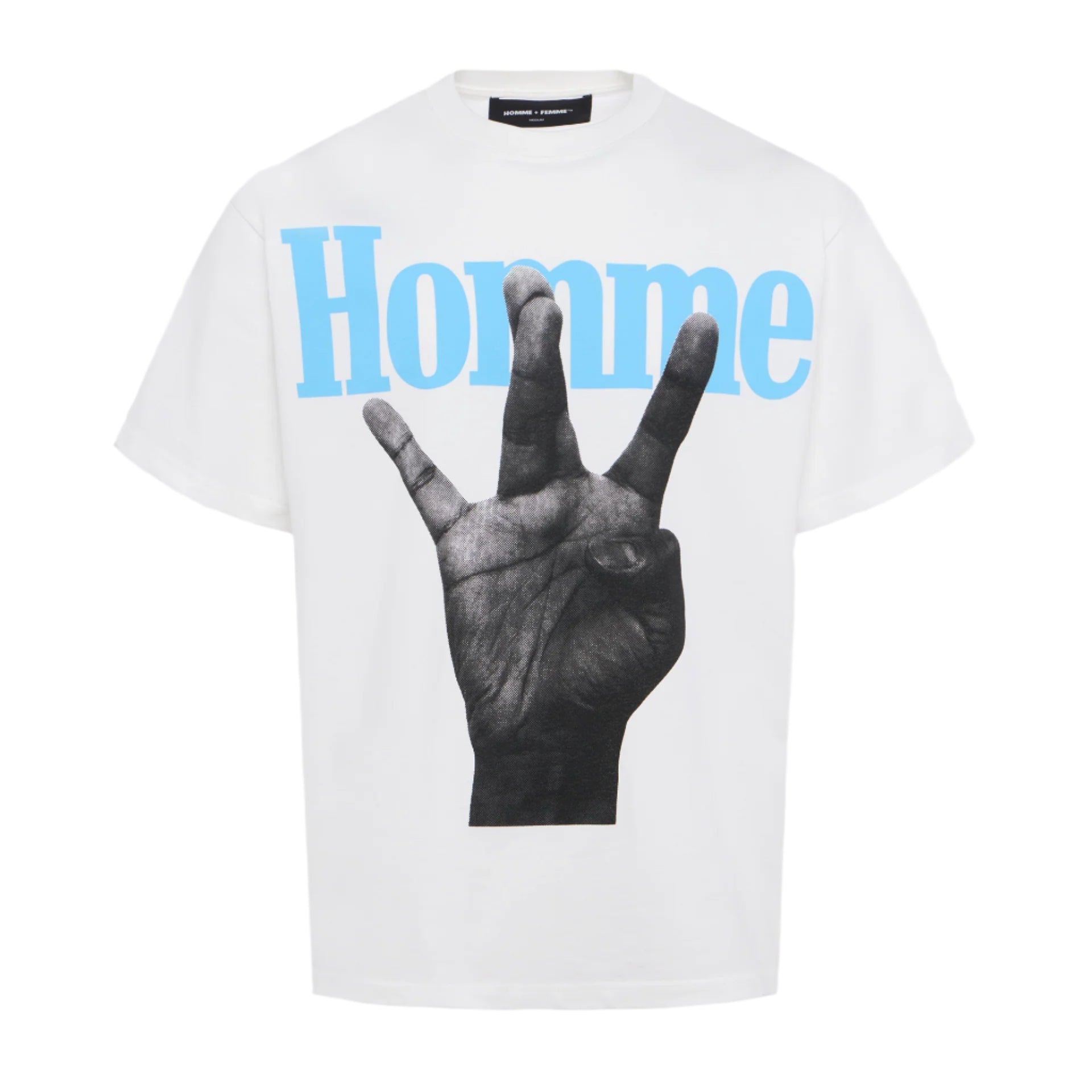HOMME + FEMME TWISTED FINGERS TEE WHITE & BABY BLUE