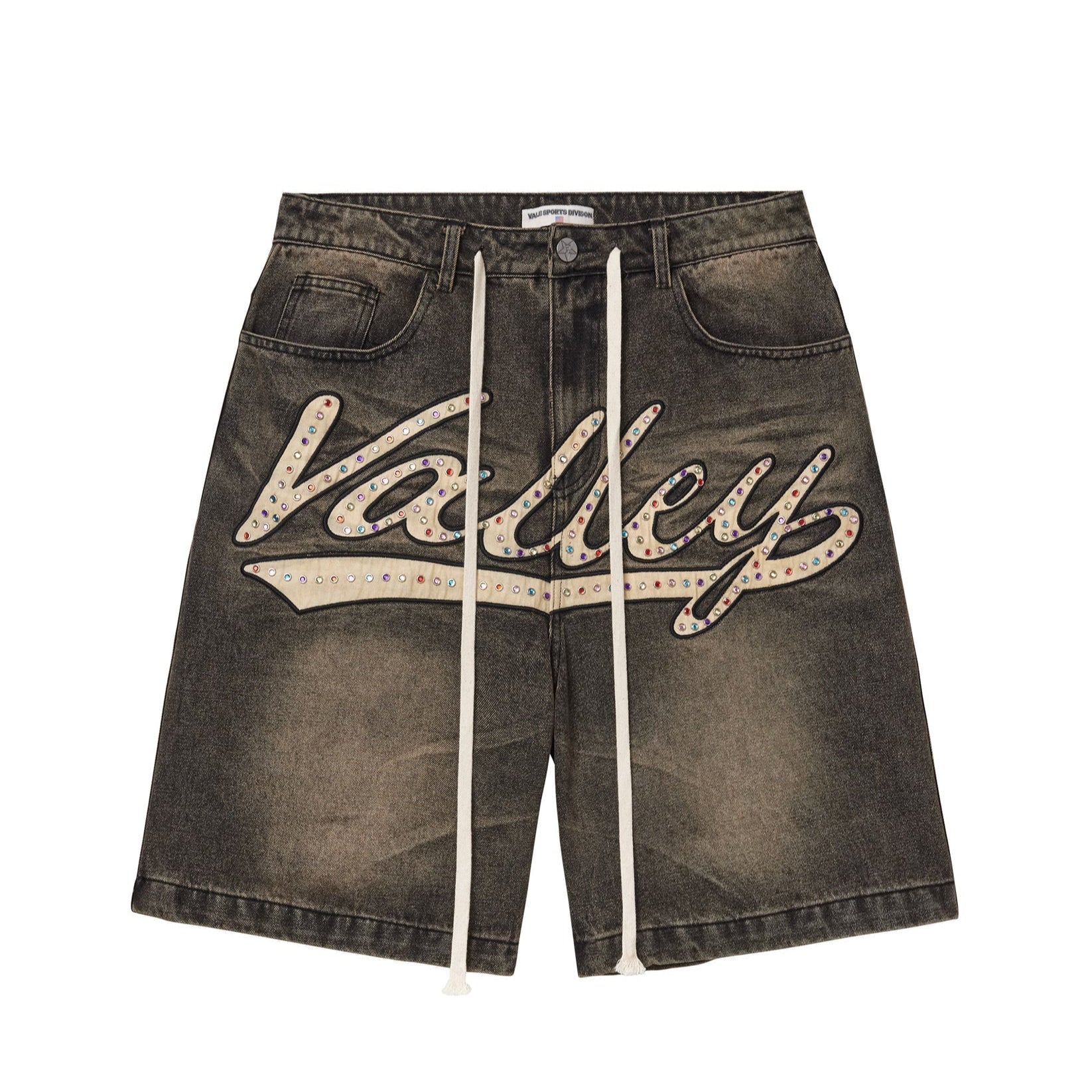 Denim shorts with 'Valley' embroidery on a white background
