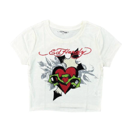 Ed Hardy Cream Rhinestone Heart Tee