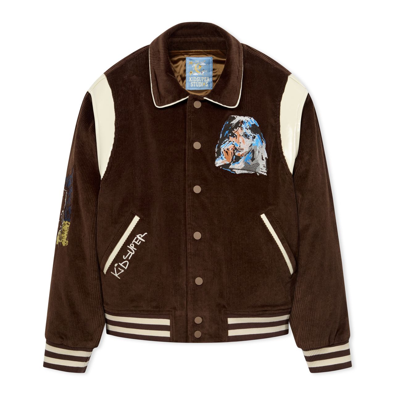 KID SUPER Washed Corduroy Embroidered Faces Jacket Brown