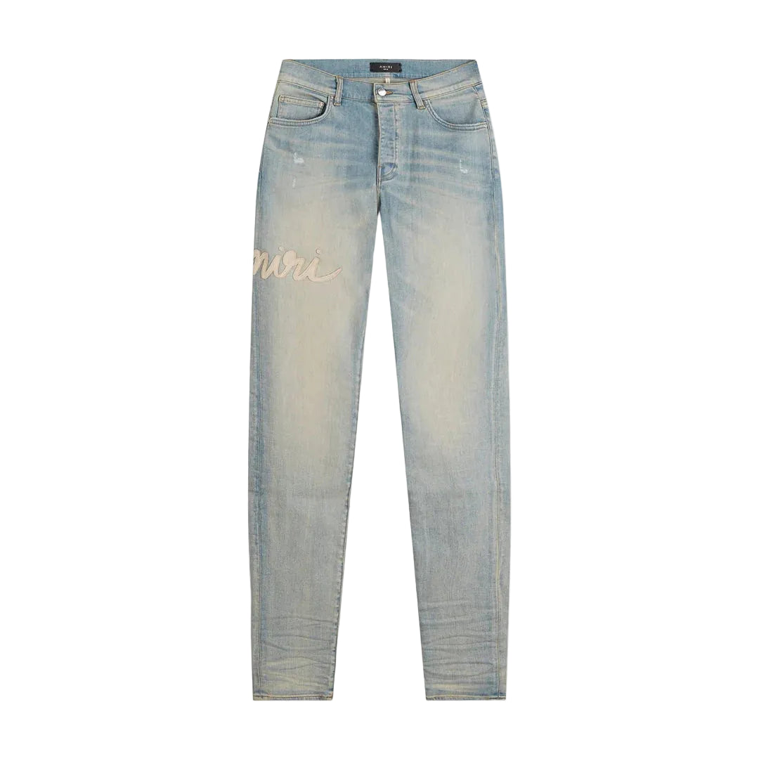 Amiri Script Logo Skinny Jean Antique Indigo