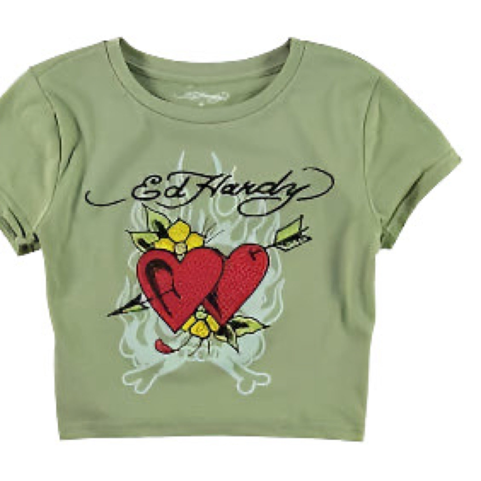 Ed Hardy Two Hearts Rhinestone Olive Baby Tee