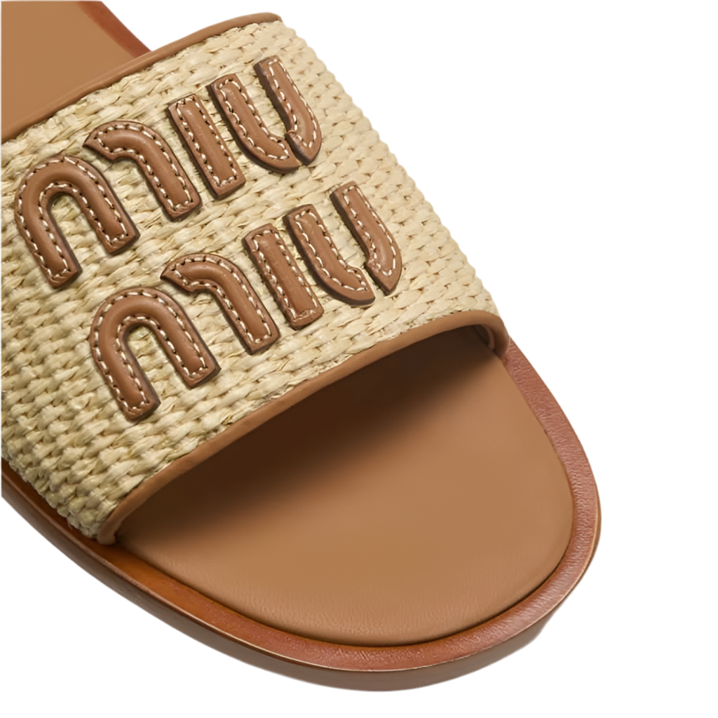 Miu Miu Raffia Logo Flat Slide Sandals Naturale