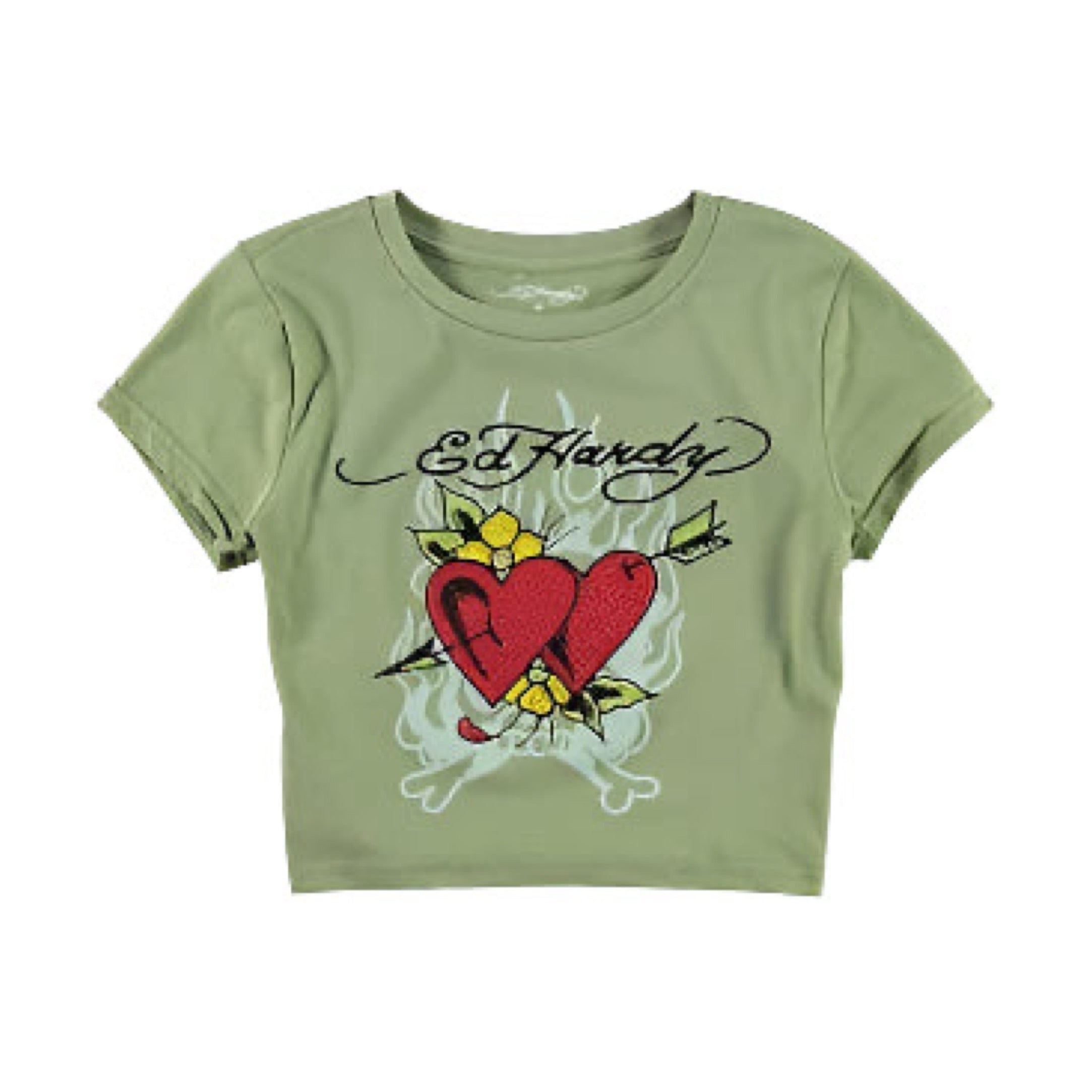 Ed Hardy Two Hearts Rhinestone Olive Baby Tee