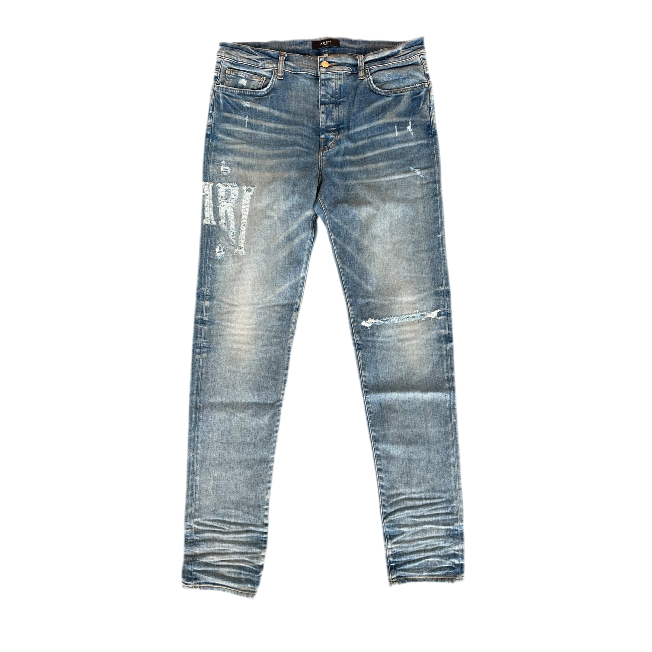Amiri Clay Indigo Distressed Logo Jeans
