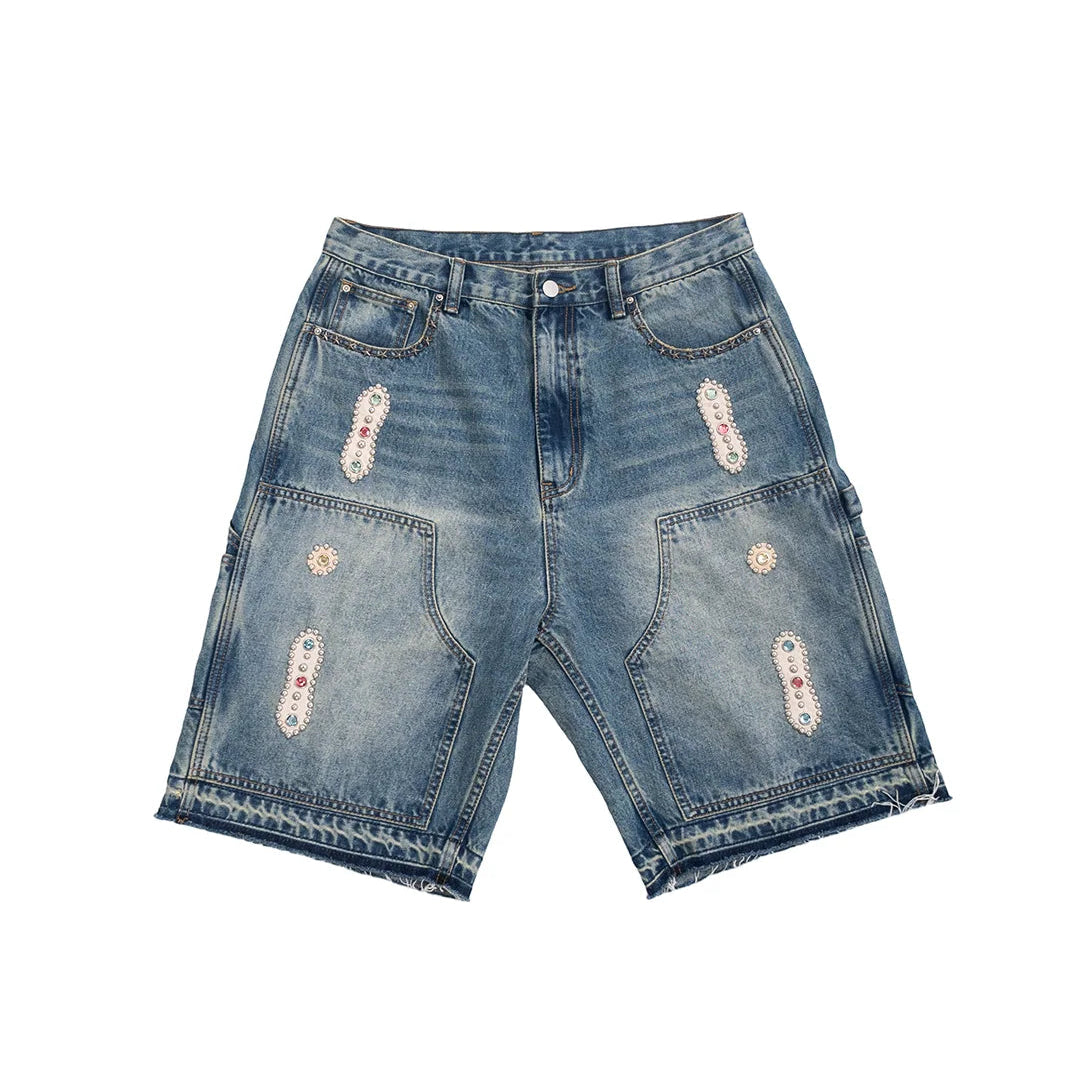 JP SORROWS 15 O.Z. EMBELLISHED DOUBLE KNEE DENIM SHORTS