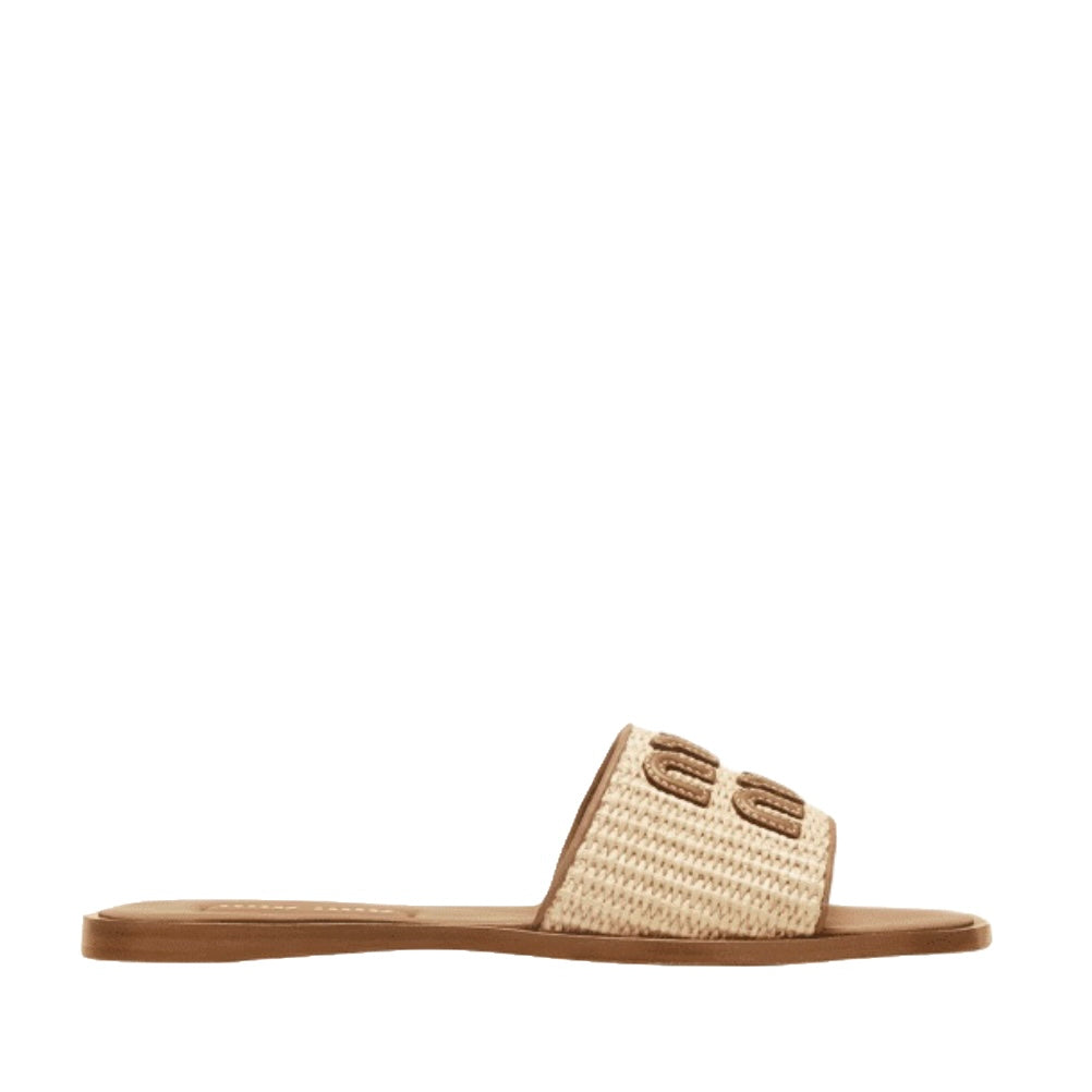 Miu Miu Raffia Logo Flat Slide Sandals Naturale