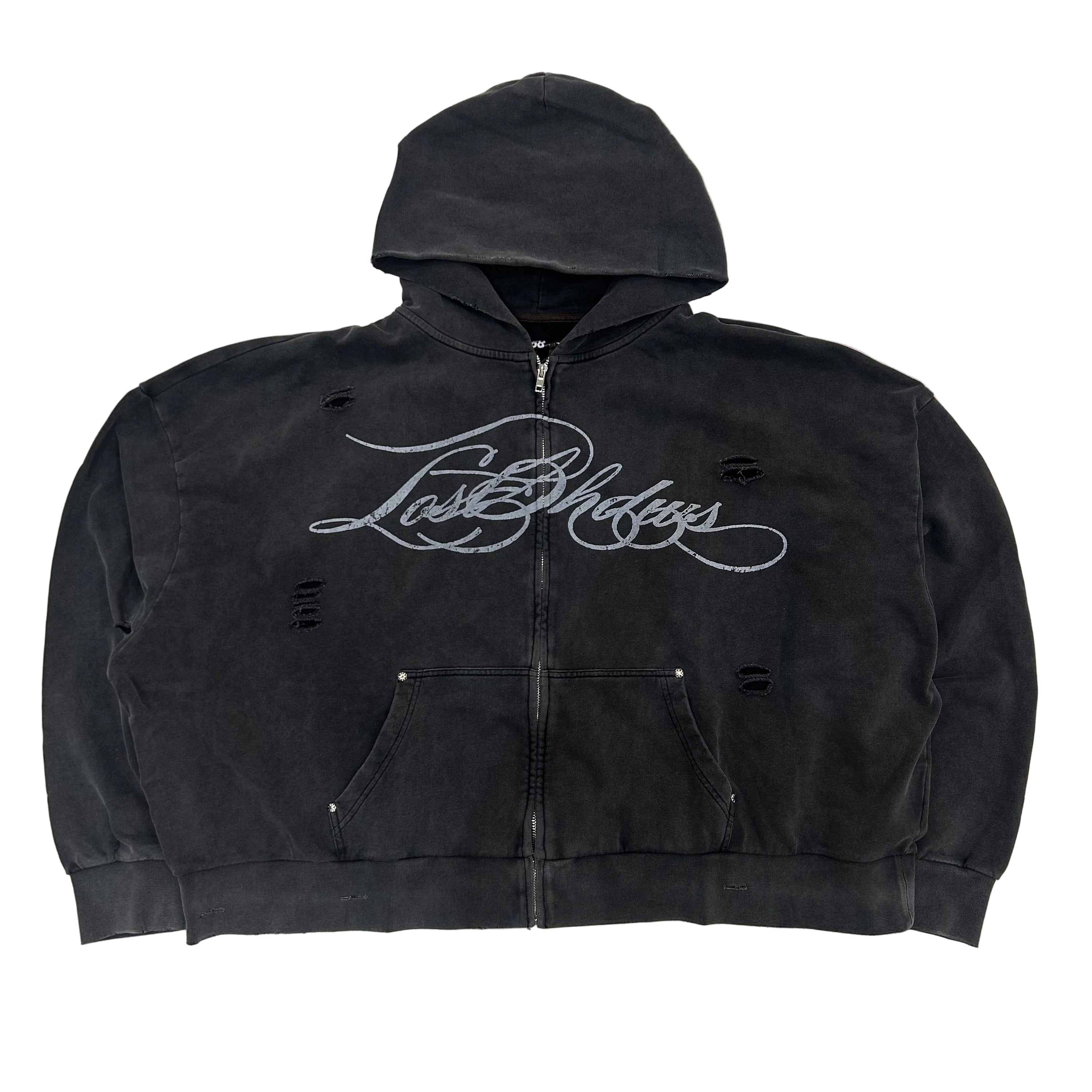LOSTSHDWS DISTRESSED SCRIPT ZIPUP Washed Black