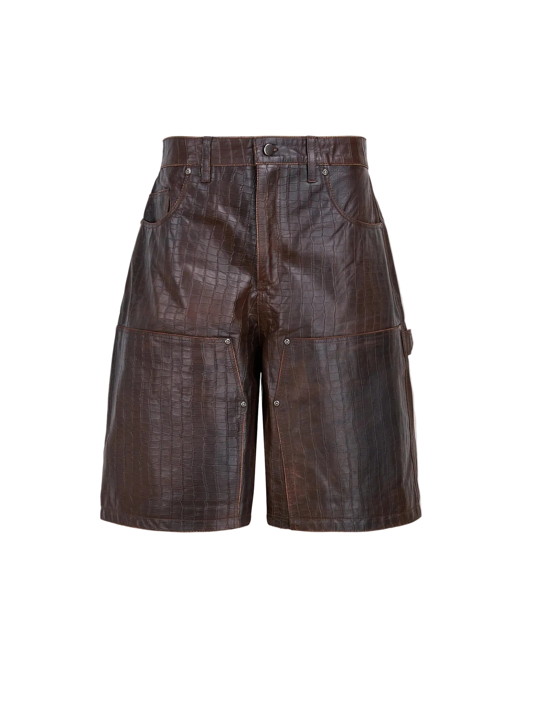 FOUND Distressed Croc Embossed Leather Shorts