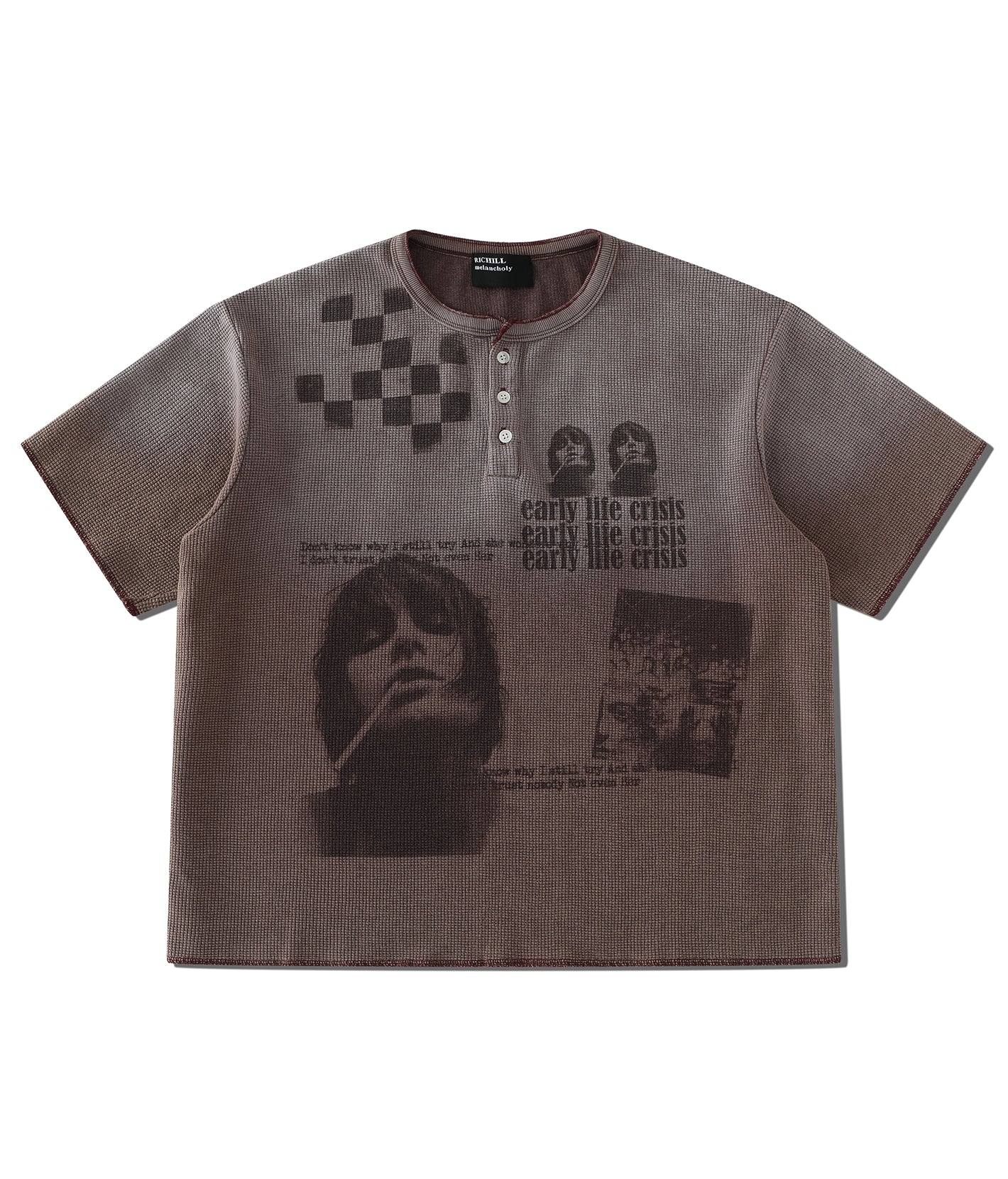 RICHILL Melancholy Fade Portrait Graphic Waffle Henley Tee