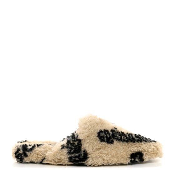 BALENCIAGA| Faux Fur Allover Logo Teddy Mules Beige Black
