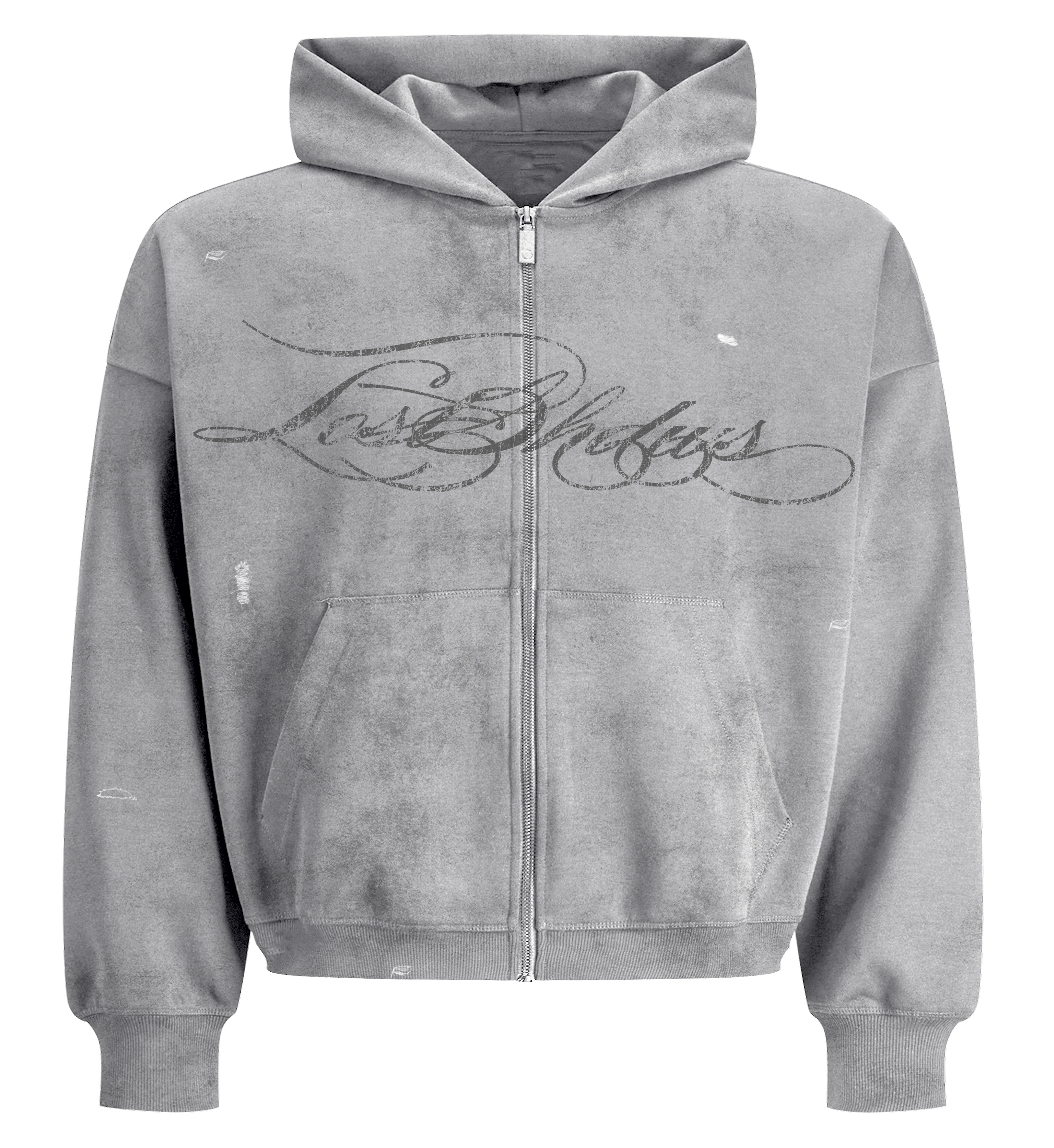 LOSTSHDWS DISTRESSED SCRIPT ZIP UP WASHED GREY