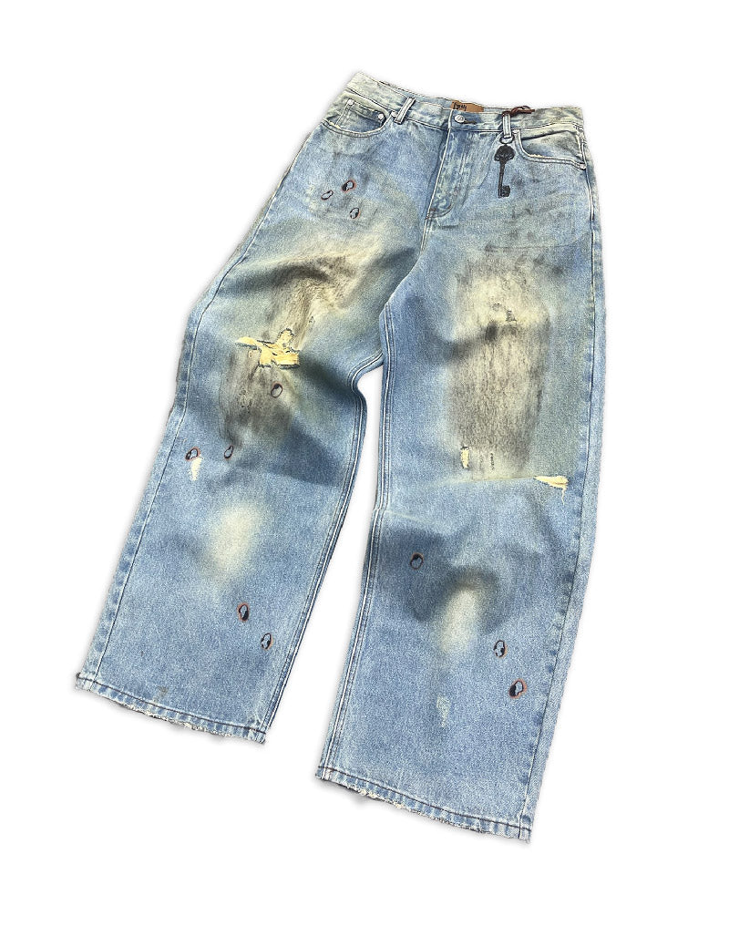 BIRTH OF ROYAL CHILD Dirty-Washed Brushing Wax Baggy Denim