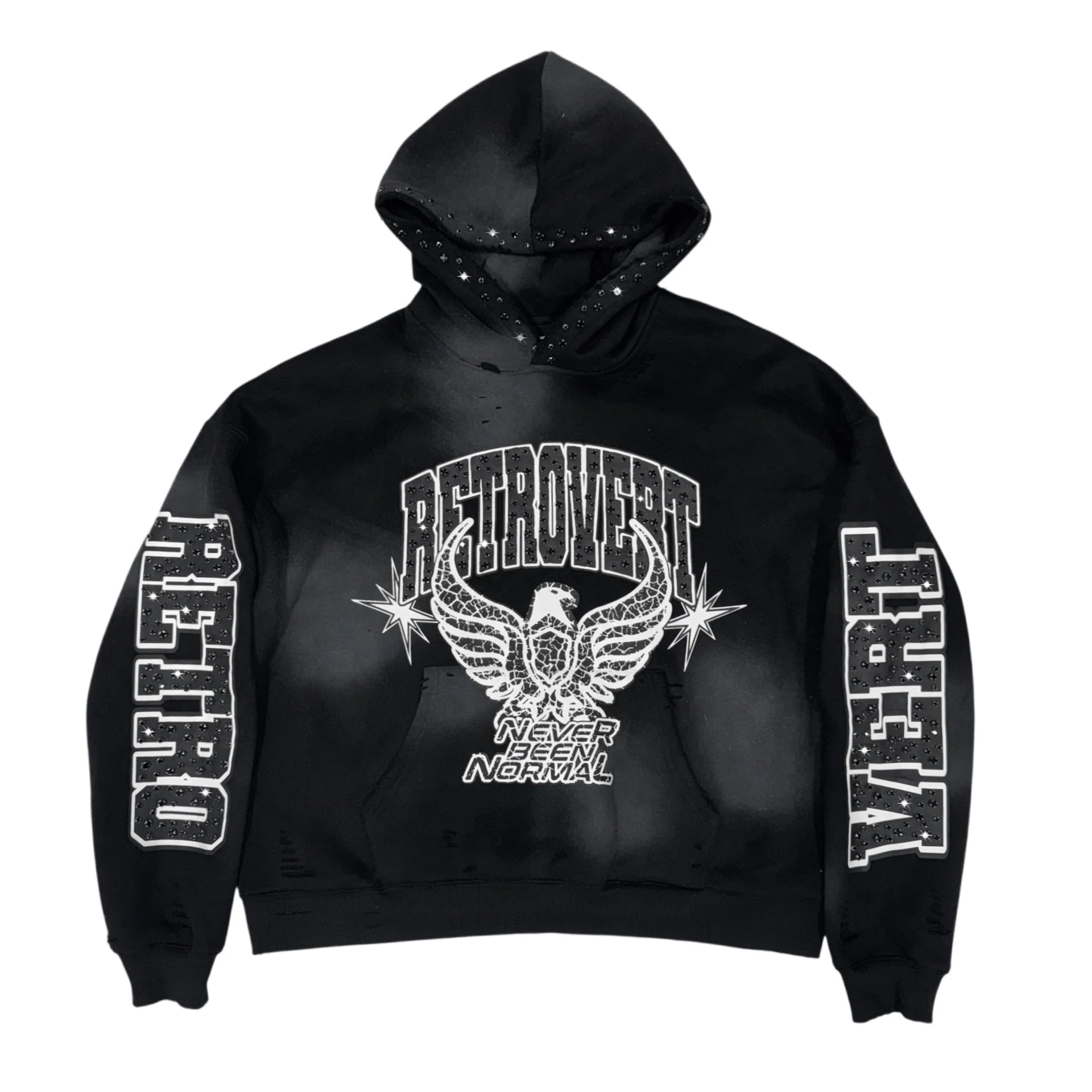 RETROVERT RHINESTONE STAR EAGLE HOODIE BLACK