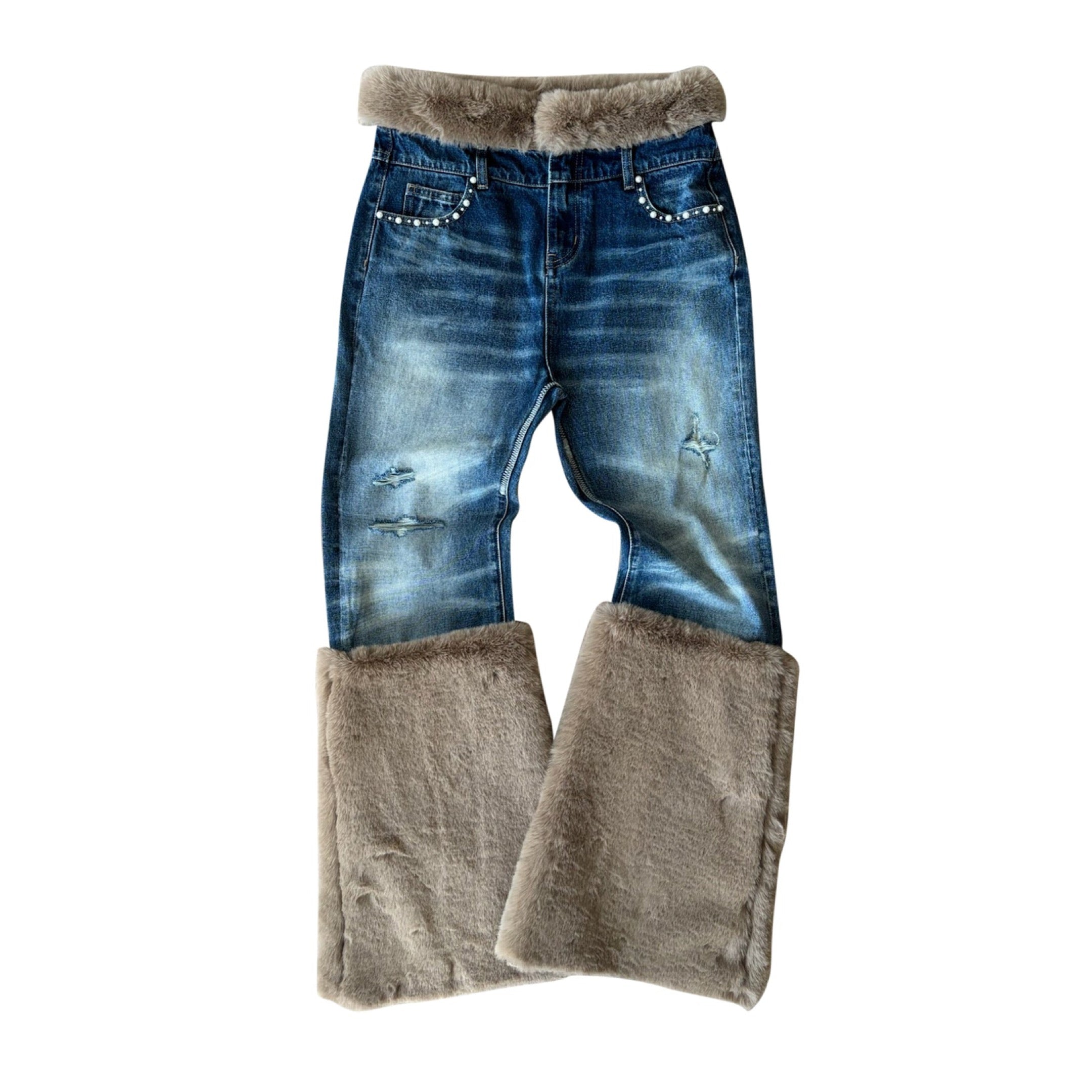 Birth Of Royal Child Pearl Fur Patchwork Jeans In BLU