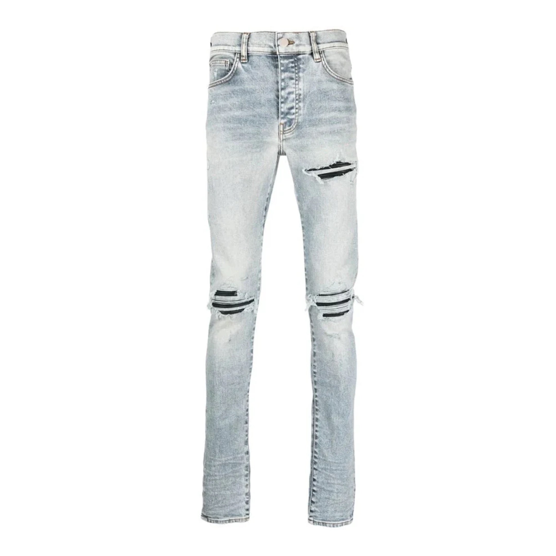 AMIRI MX1 STONE INDIGO WASHED RIPPED JEANS IN BLUE