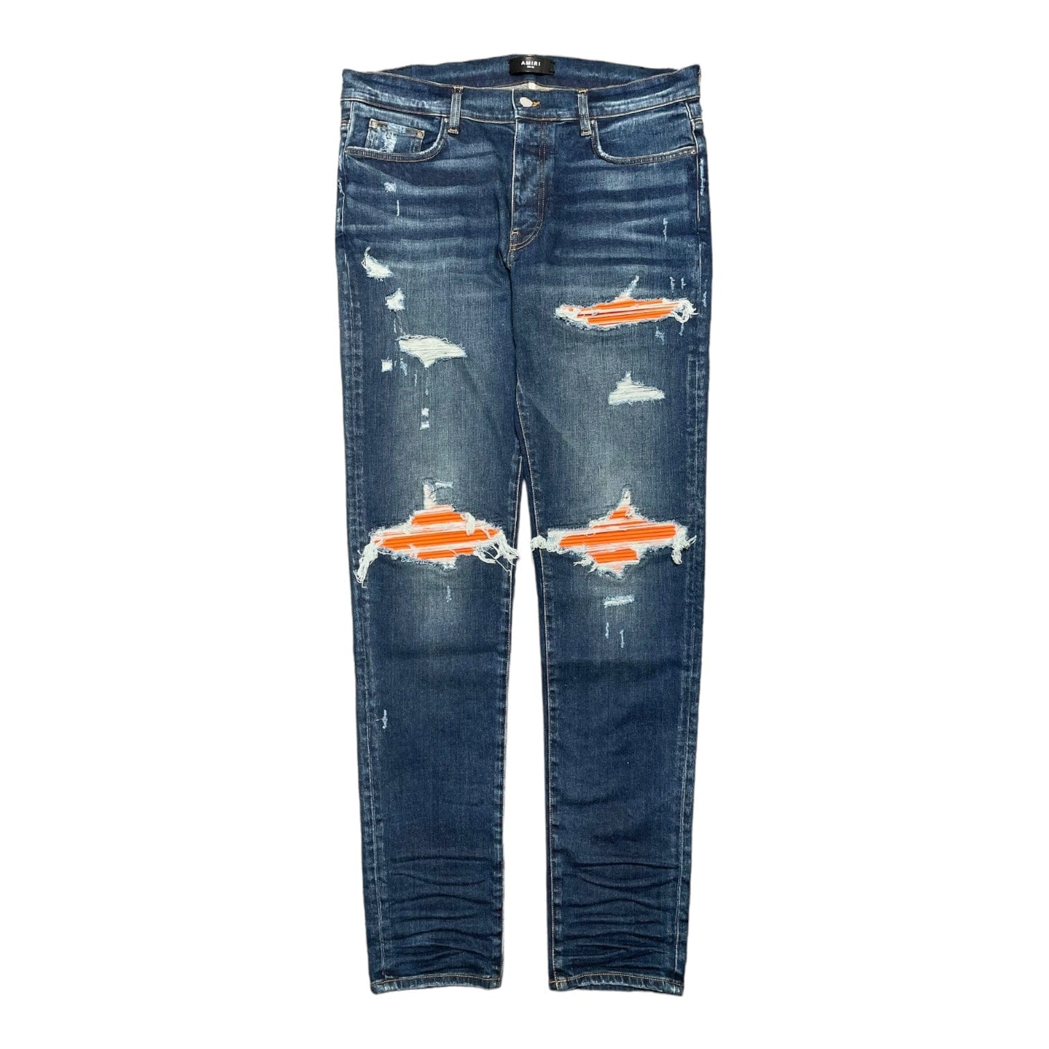 Amiri MX1 Orange Suede Patch Jeans Deep Classic Indigo
