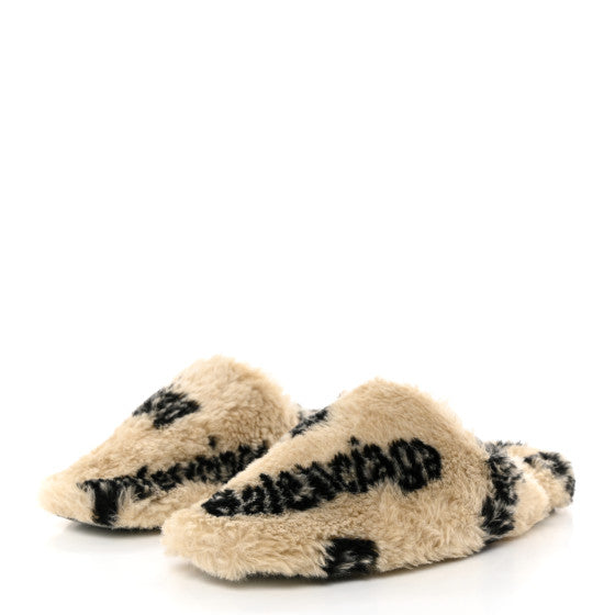 BALENCIAGA| Faux Fur Allover Logo Teddy Mules Beige Black