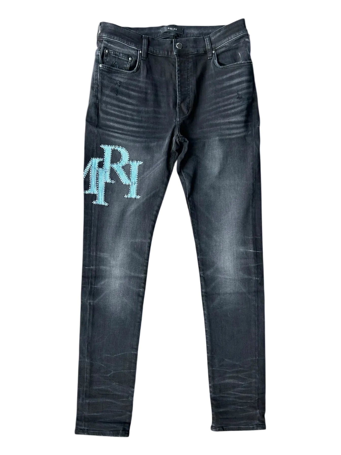AMIRI Faded Black Blue Crystal Staggered Logo Jeans