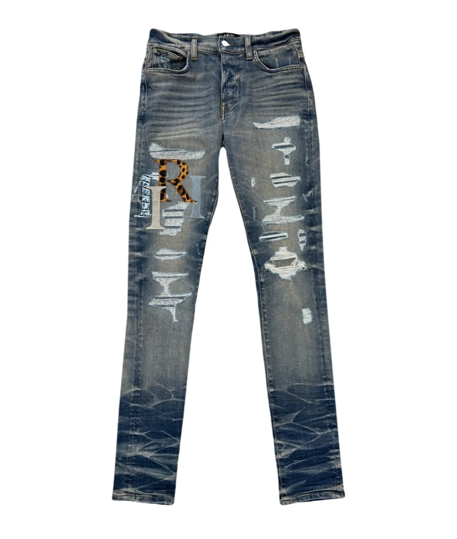 Amiri Leather Staggered Logo Jeans 'Vintage Indigo'
