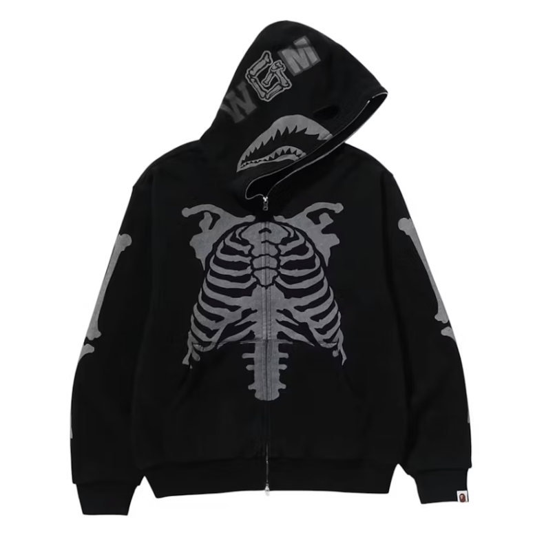 BAPE Skeleton Shark Heavy Washed Cropped Fit Full Zip Hoodie