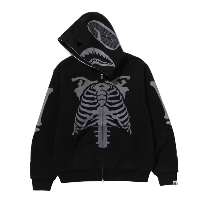 BAPE Skeleton Shark Heavy Washed Cropped Fit Full Zip Hoodie