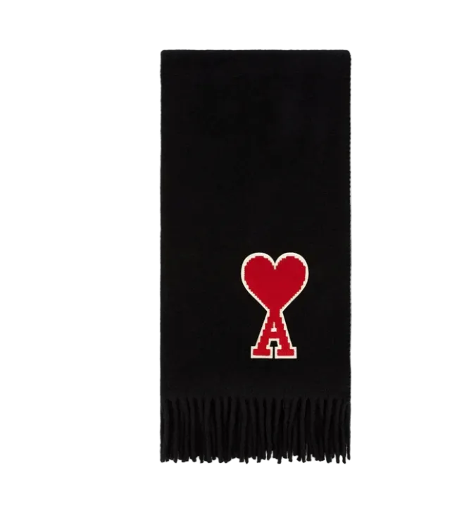 Ami Paris De Coeur Logo-appliquéd Fringed Black Virgin Wool Scarf