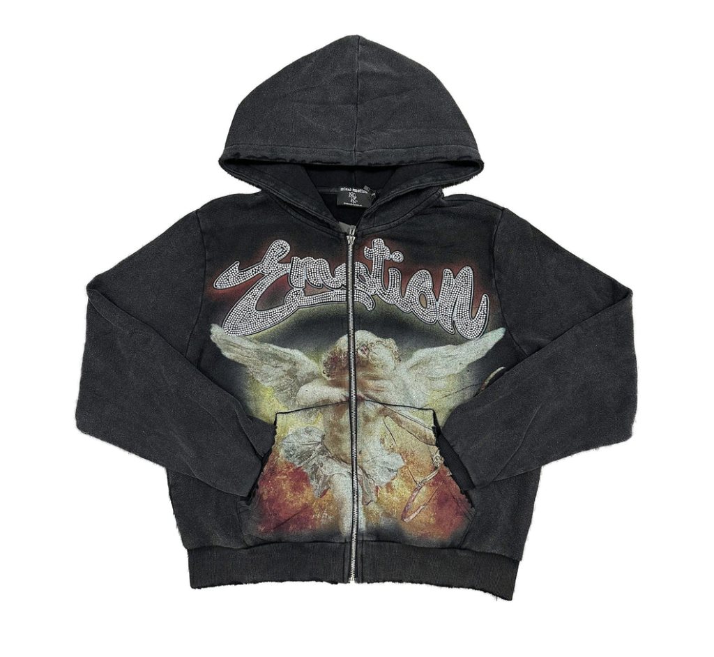 MIXED EMOTION RHINESTONE ZIP HOODIE Black