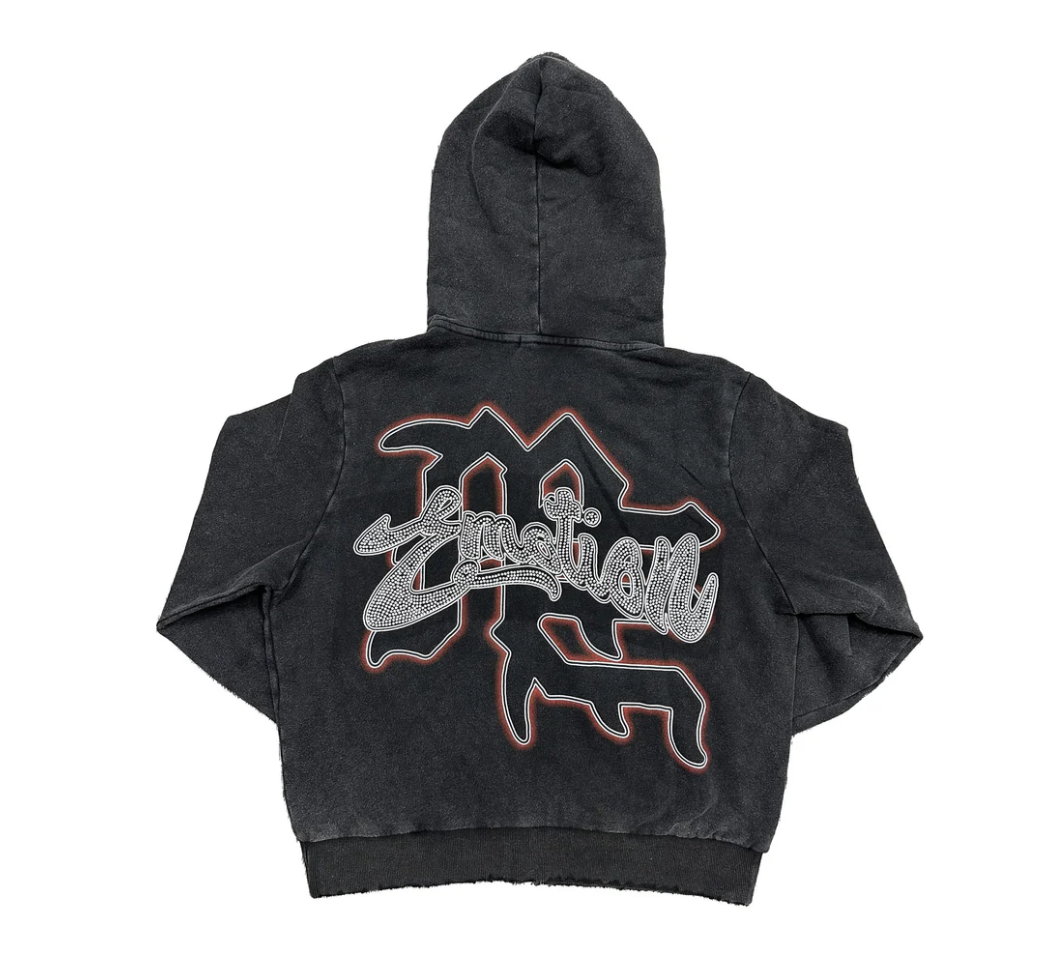MIXED EMOTION RHINESTONE ZIP HOODIE Black